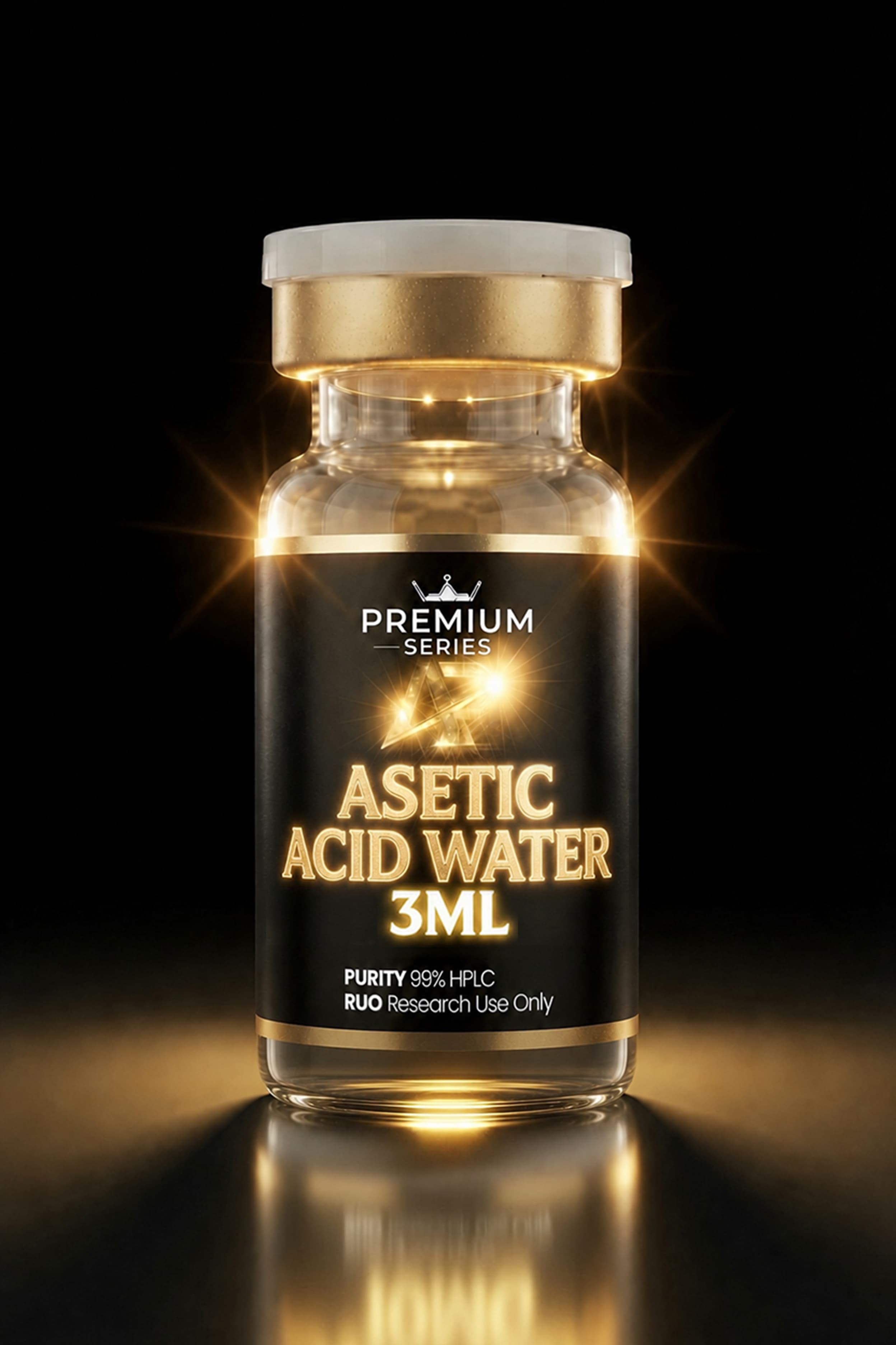 Bottle labeled ASETIC ACID WATER 3ML from Premium Series, glowing gold with a dark background.
