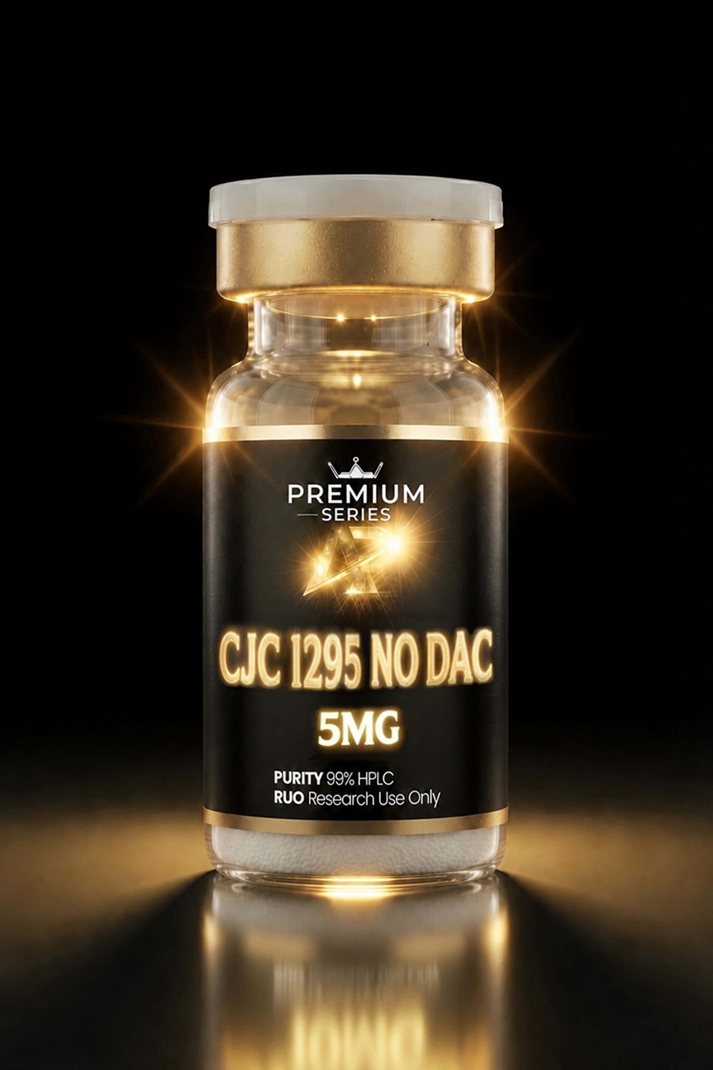 Premium series bottle with a gold cap and glowing light accents, label reads CJC-1295 NO DAC 5MG (research use only).