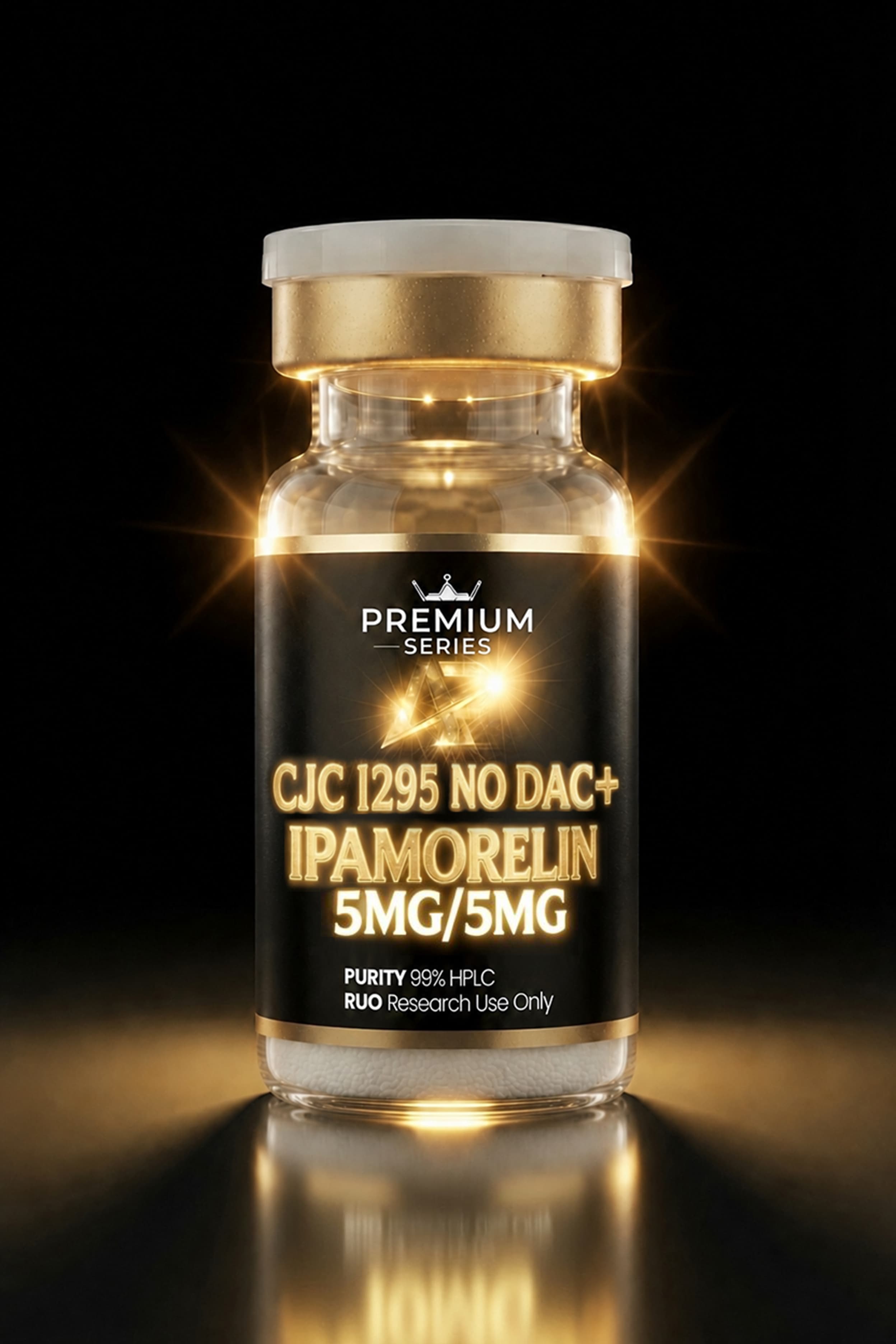 Close-up of a dark bottle with a white-and-gold cap; label reads Premium Series and IPAMORELIN 5MG/5MG; glow around the label suggests premium formulation.