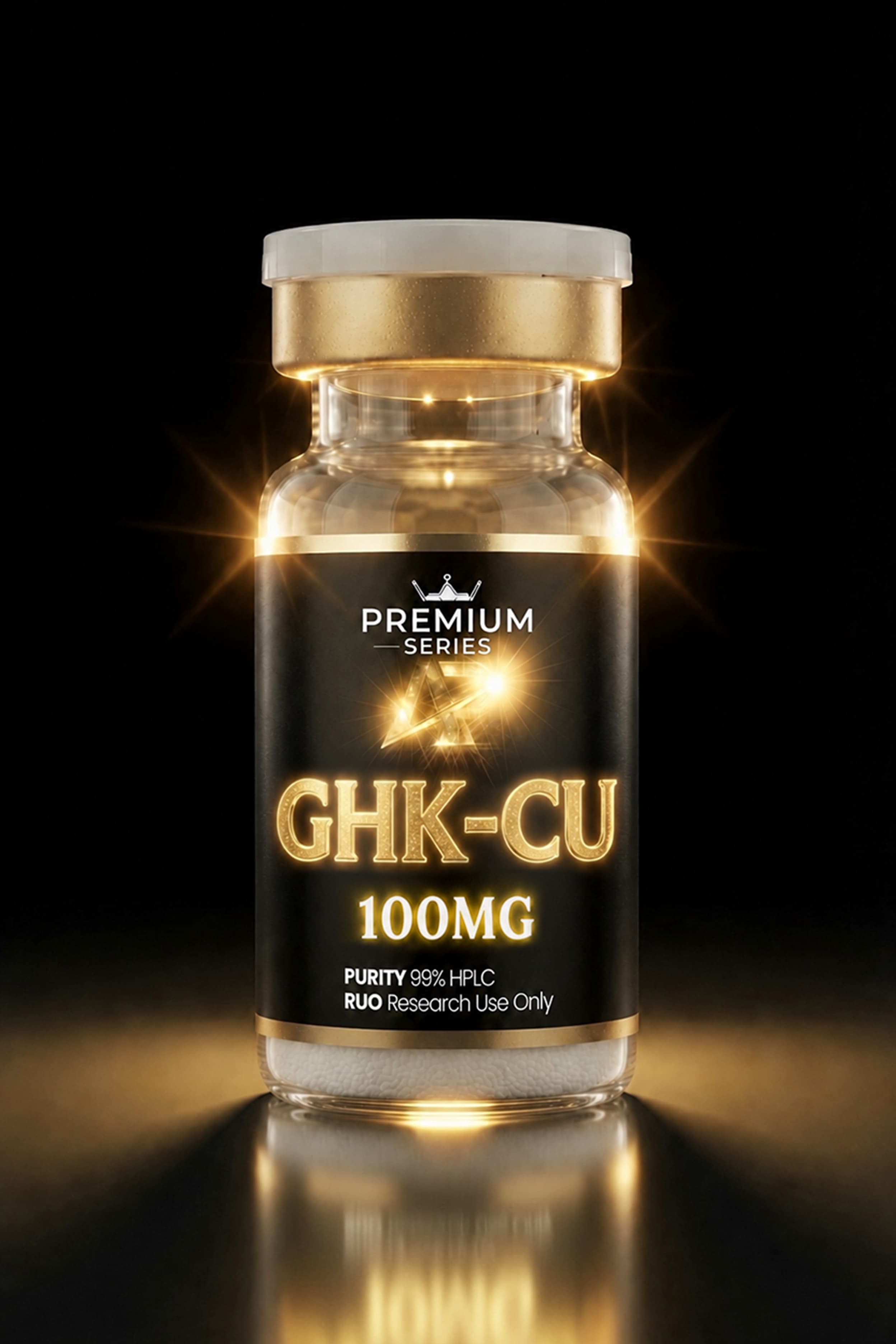 Close-up of a dark bottle with a gold cap and glowing label reading GHK-CU 100MG, Premium Series.