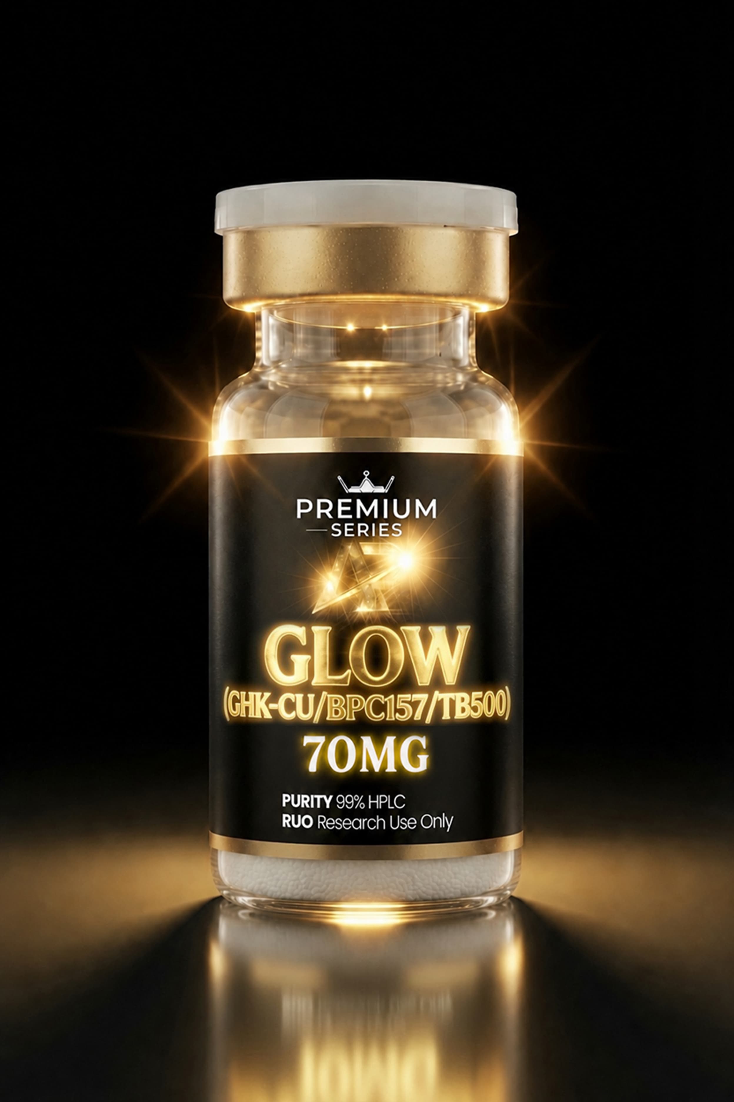 Glass vial with a white cap and glowing gold label reading 'GLOW' from the Premium Series, 70MG, on a dark background.