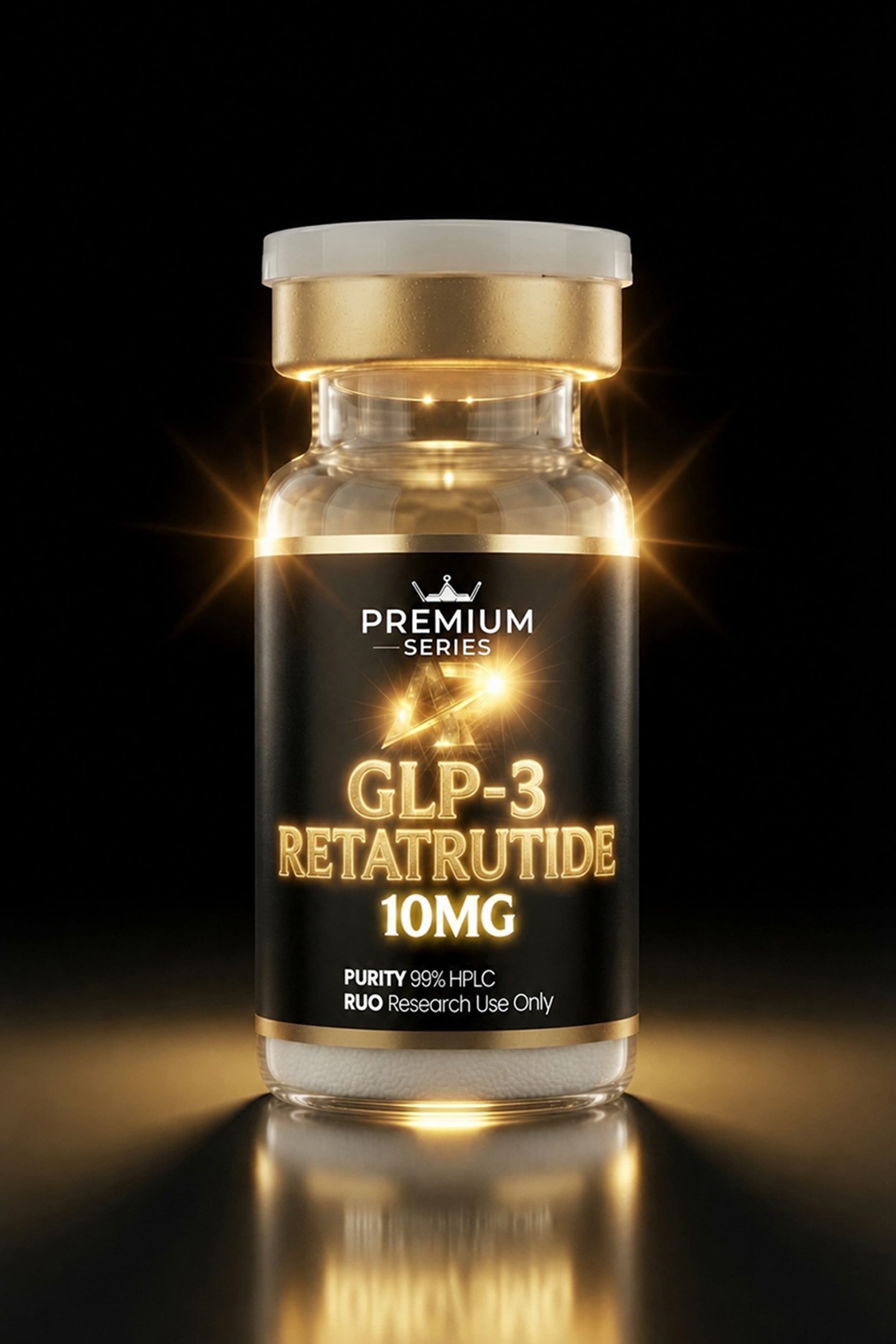 Glass bottle with a black label and a glowing gold accent reading GLP-3 RETATRUTIDE 10MG, part of a premium series, against a dark background.