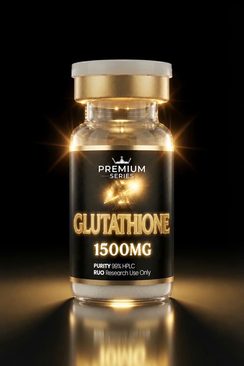 Glutathione supplement bottle, 1500 mg, Premium Series, black and gold label with glowing effects on a dark background.