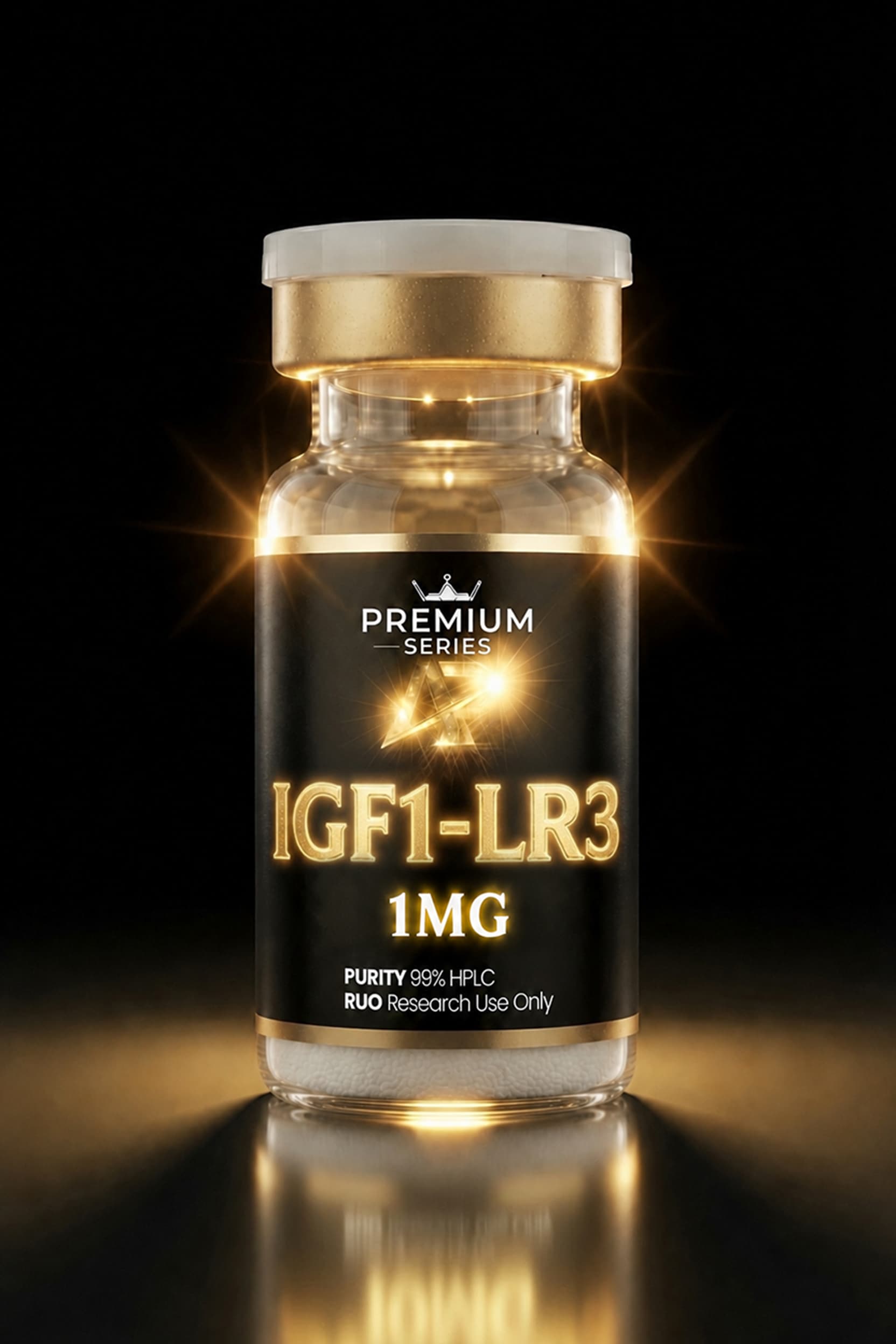 Close-up of a glass vial with a gold cap and glowing label reading IGF1-LR3 1MG, from the Premium Series.