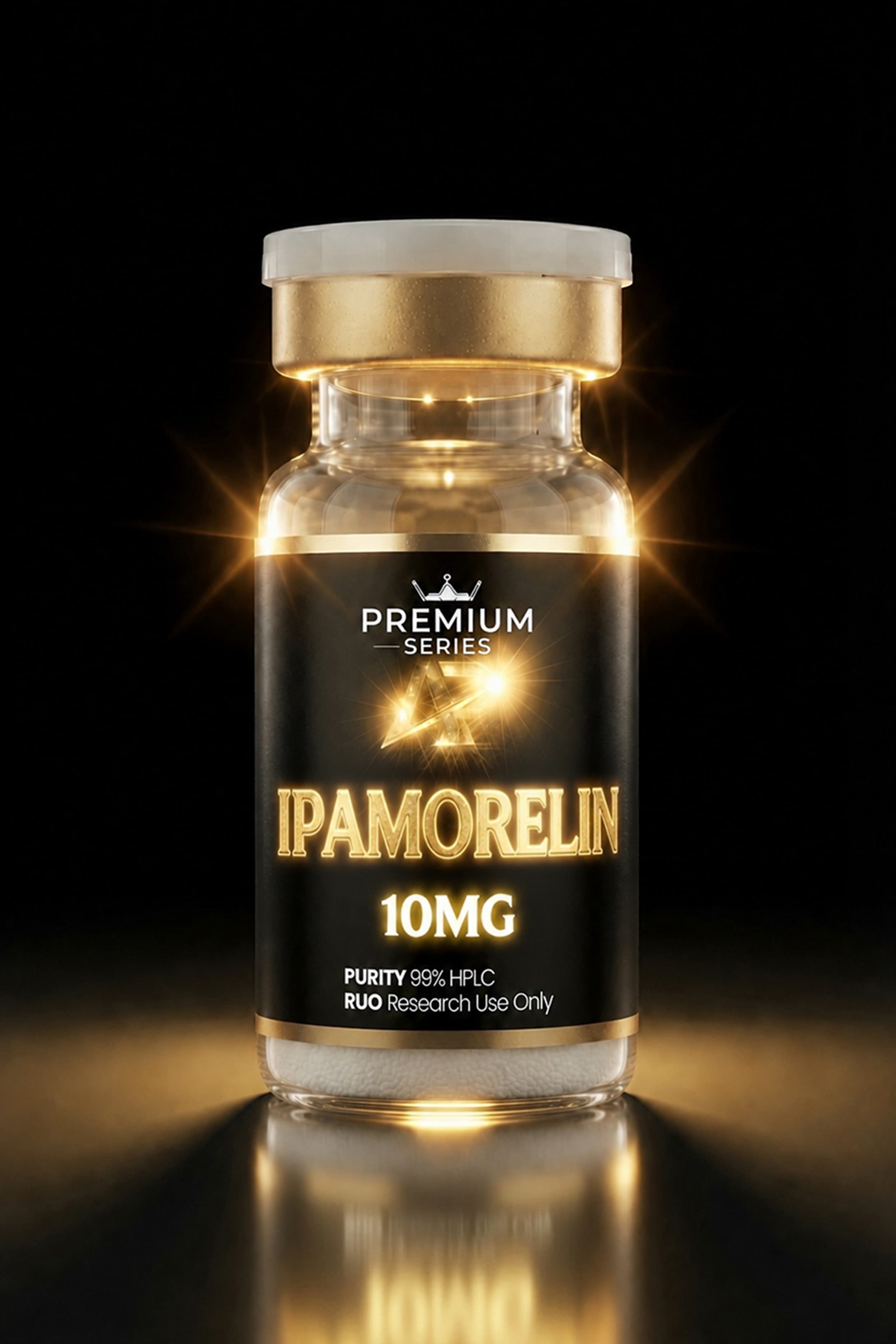 Close-up of a black bottle from the Premium Series, labeled Ipamorelin 10mg, glowing with golden light against a black background.