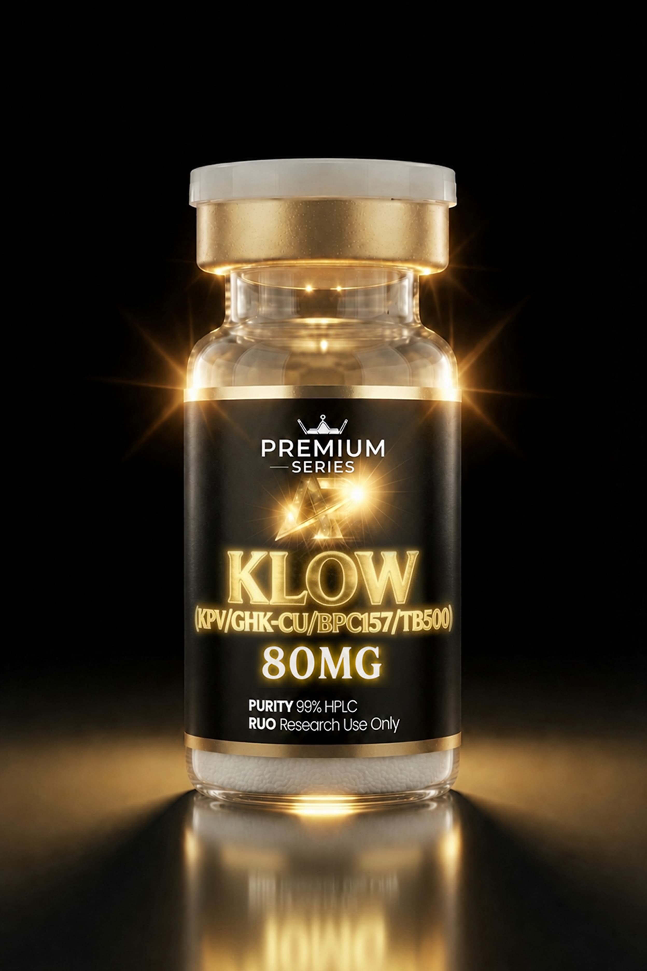 A close-up of a glass vial with a gold cap and glowing gold label reading 'KLOW' against a black background, 80MG visible.