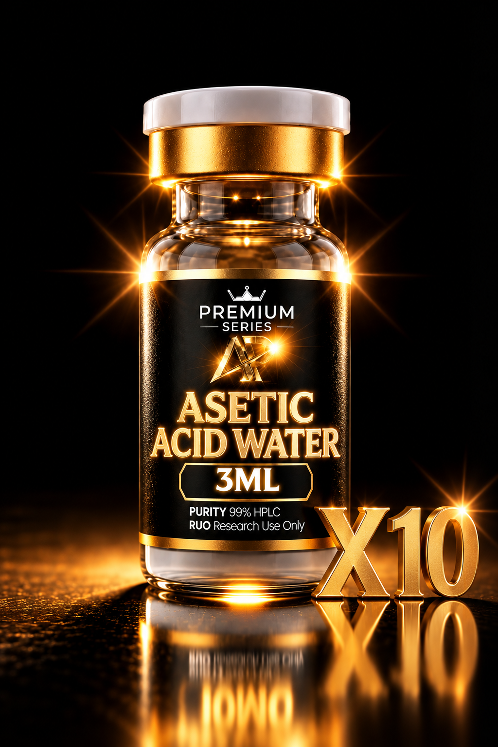 Gold-accented bottle labeled 'Asetic Acid Water, 3ML' from Premium Series with 'X10' in gold letters, glowing against a dark background.