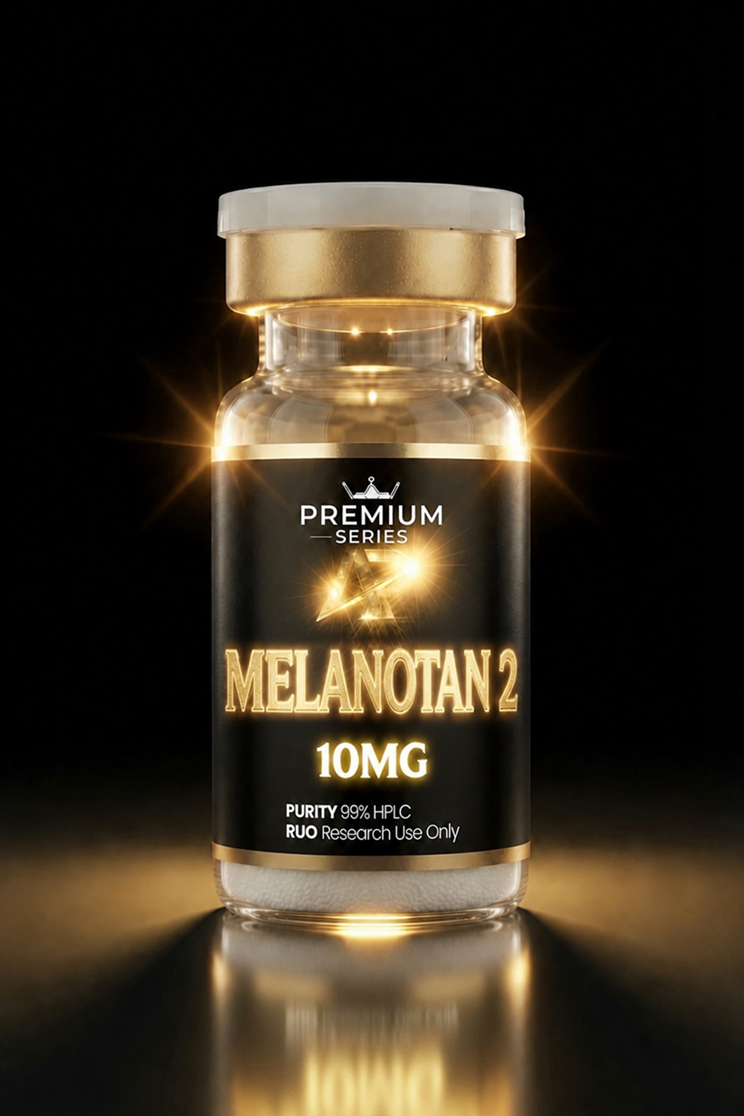 Bottle of Melanotan 2, 10mg, Premium Series with gold accents and illuminated label against a black background