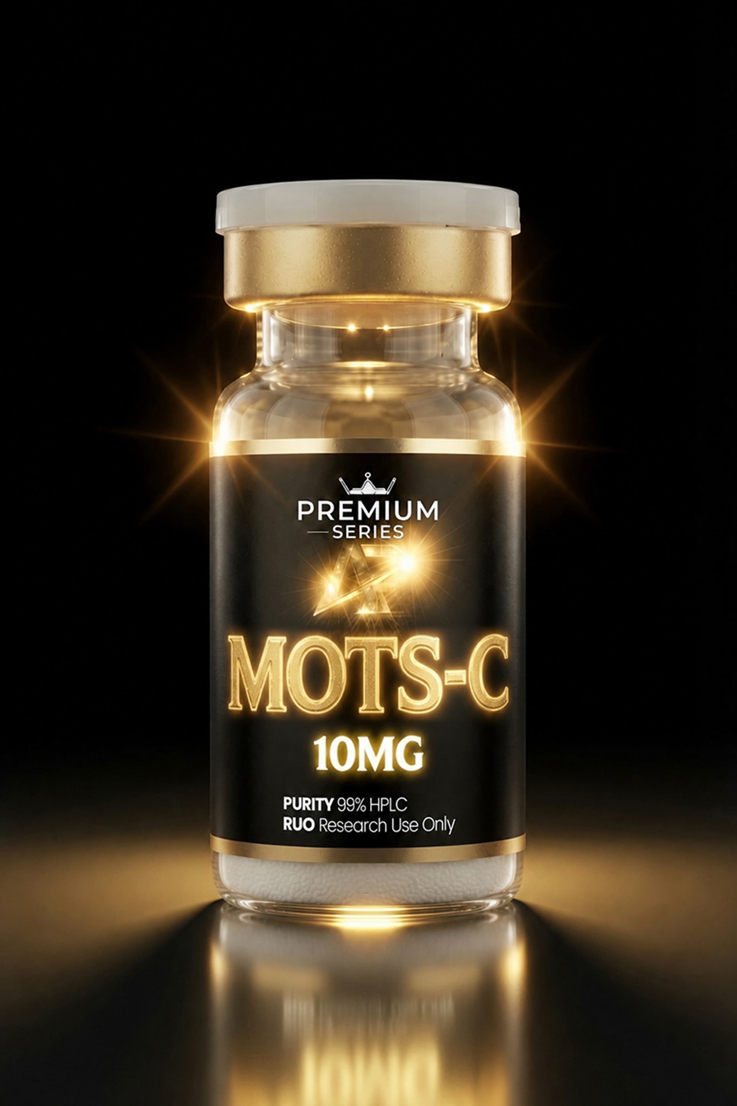 Premium Series vial with glowing MOTS-C 10MG label, gold cap, against a black background (product photography).