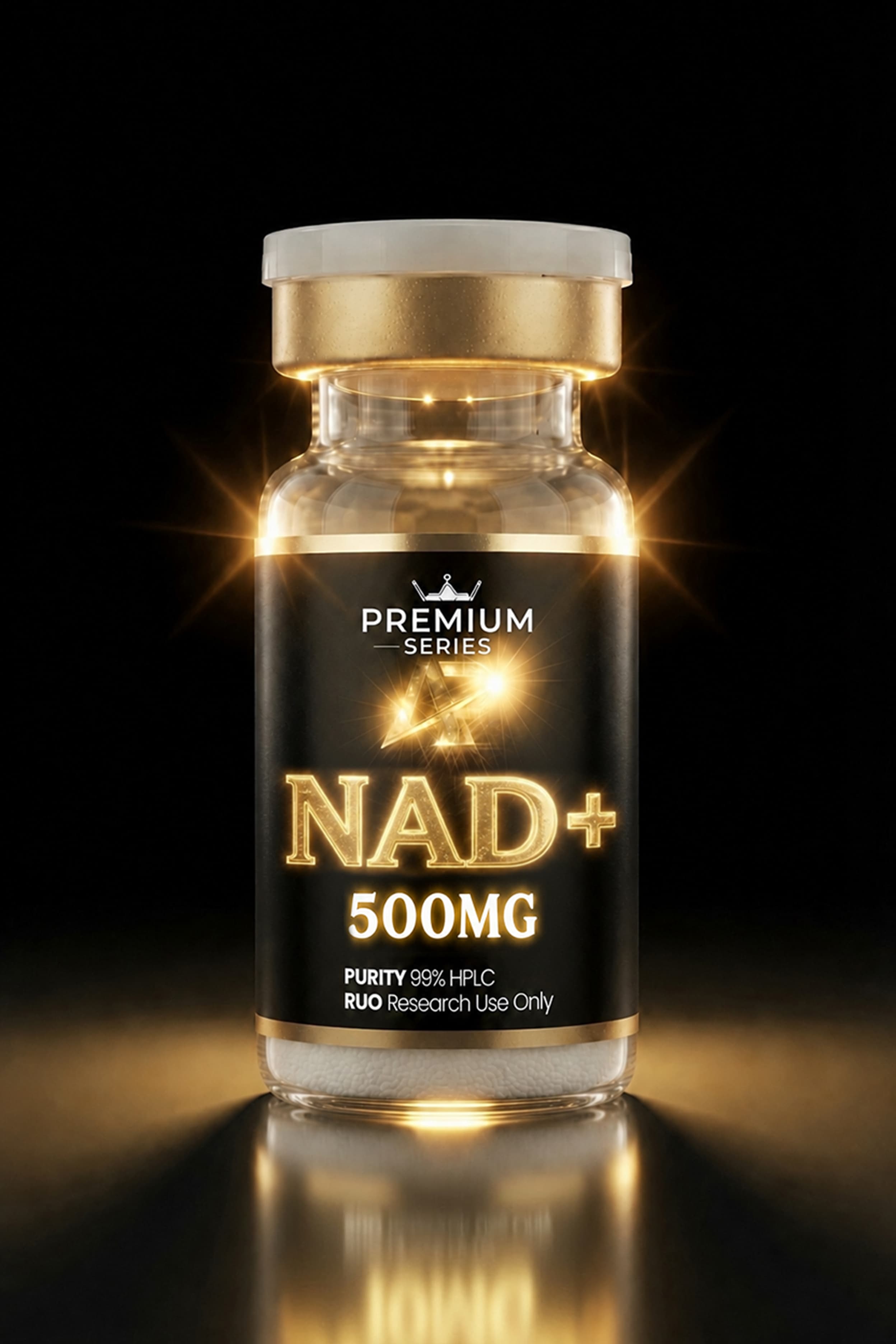 Bottle of NAD+ supplement, 500 mg, labeled Premium Series, glowing gold accents against a black background.