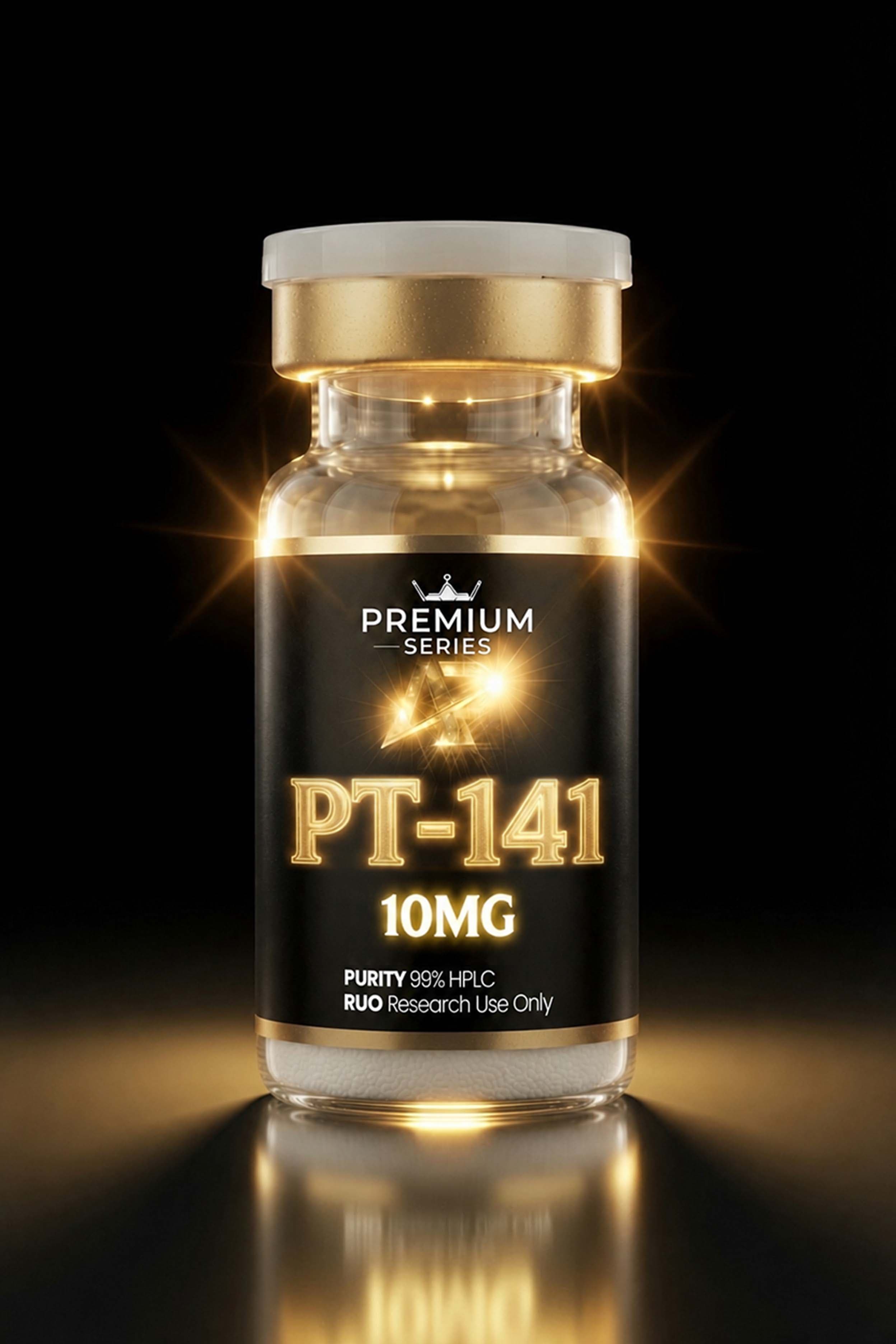 Product shot of a PT-141 supplement bottle (10MG) from the Premium Series with a gold glow and dark label, black background