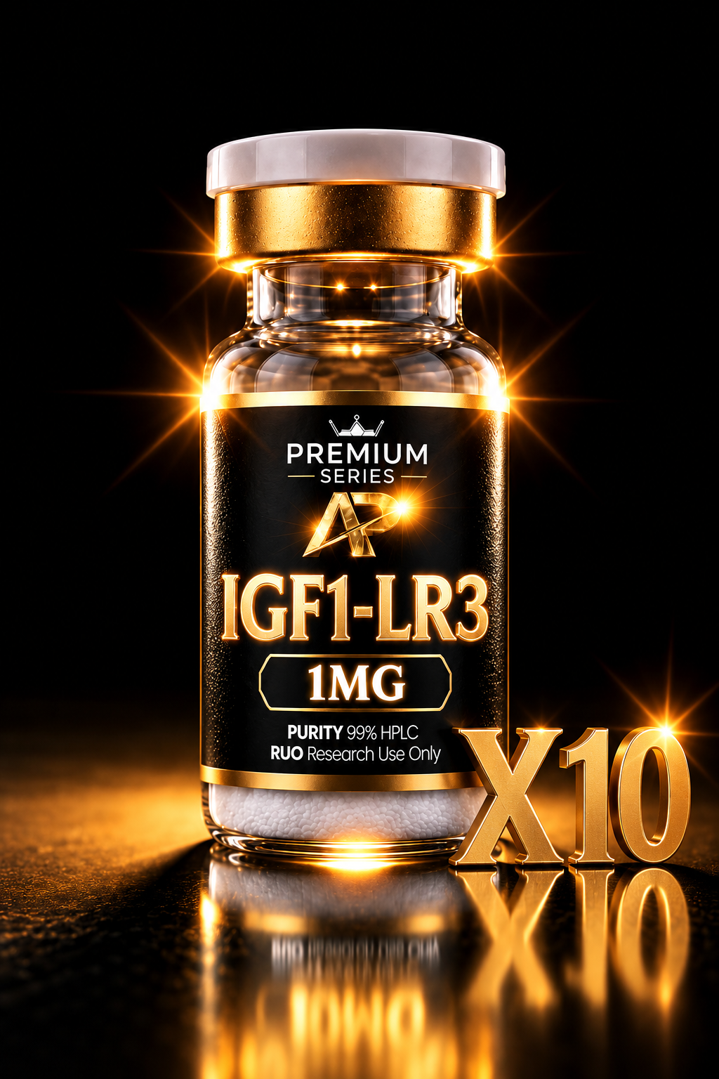 Premium Series IGF1-LR3 bottle with 1MG dose, gold trim, and X10 front and center against a black background.