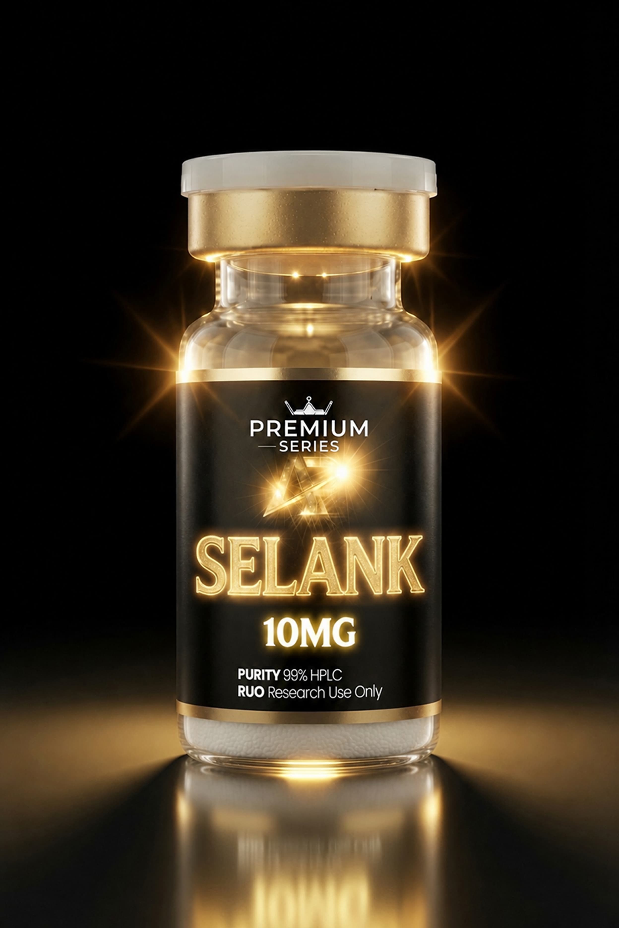 Premium Series Selank bottle with a gold cap, glowing label reading SELANK 10MG against a black background.