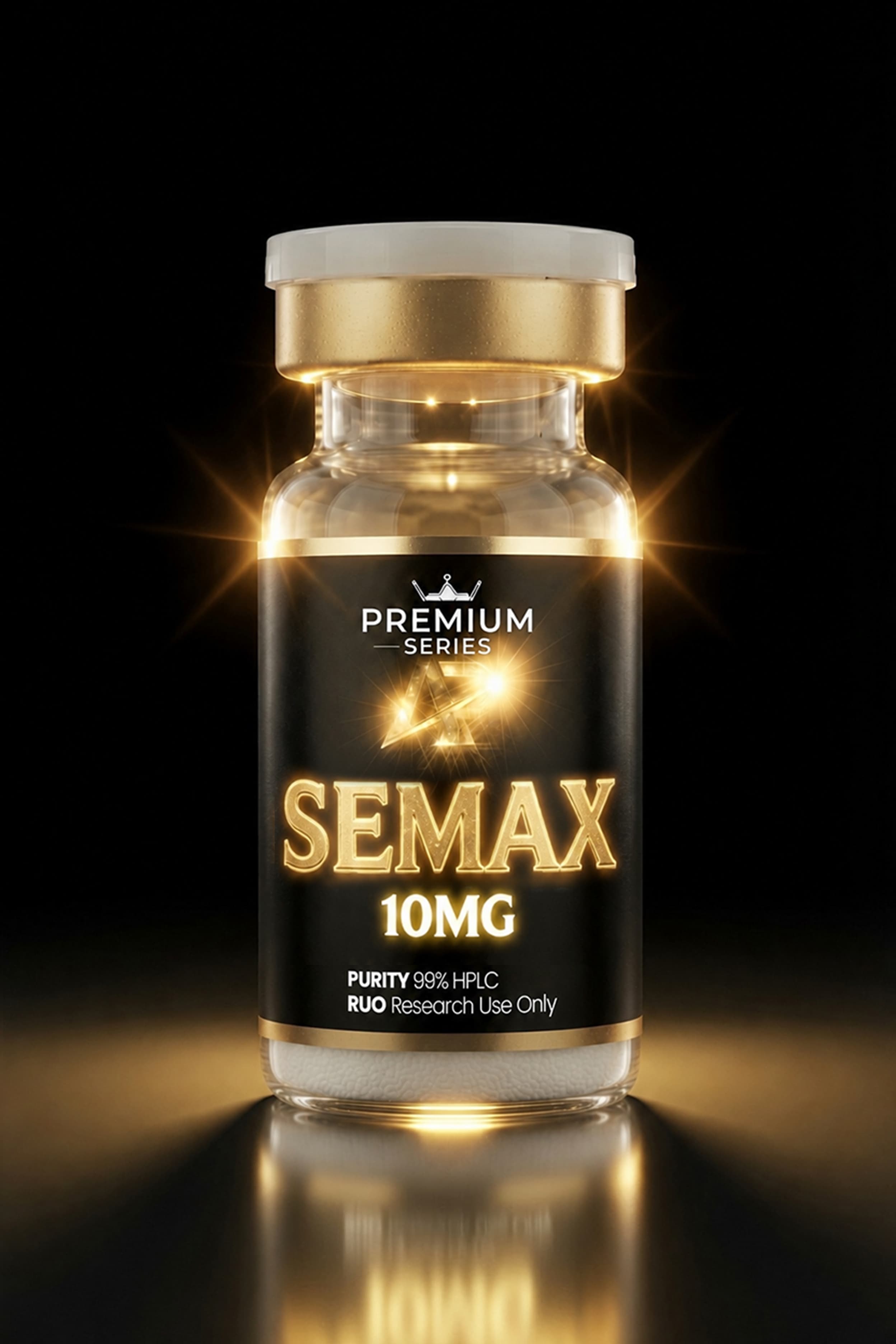 Close-up of a glass vial with a white cap, labeled 'SEMAX 10MG' from the Premium Series, glowing gold accents against a dark background.