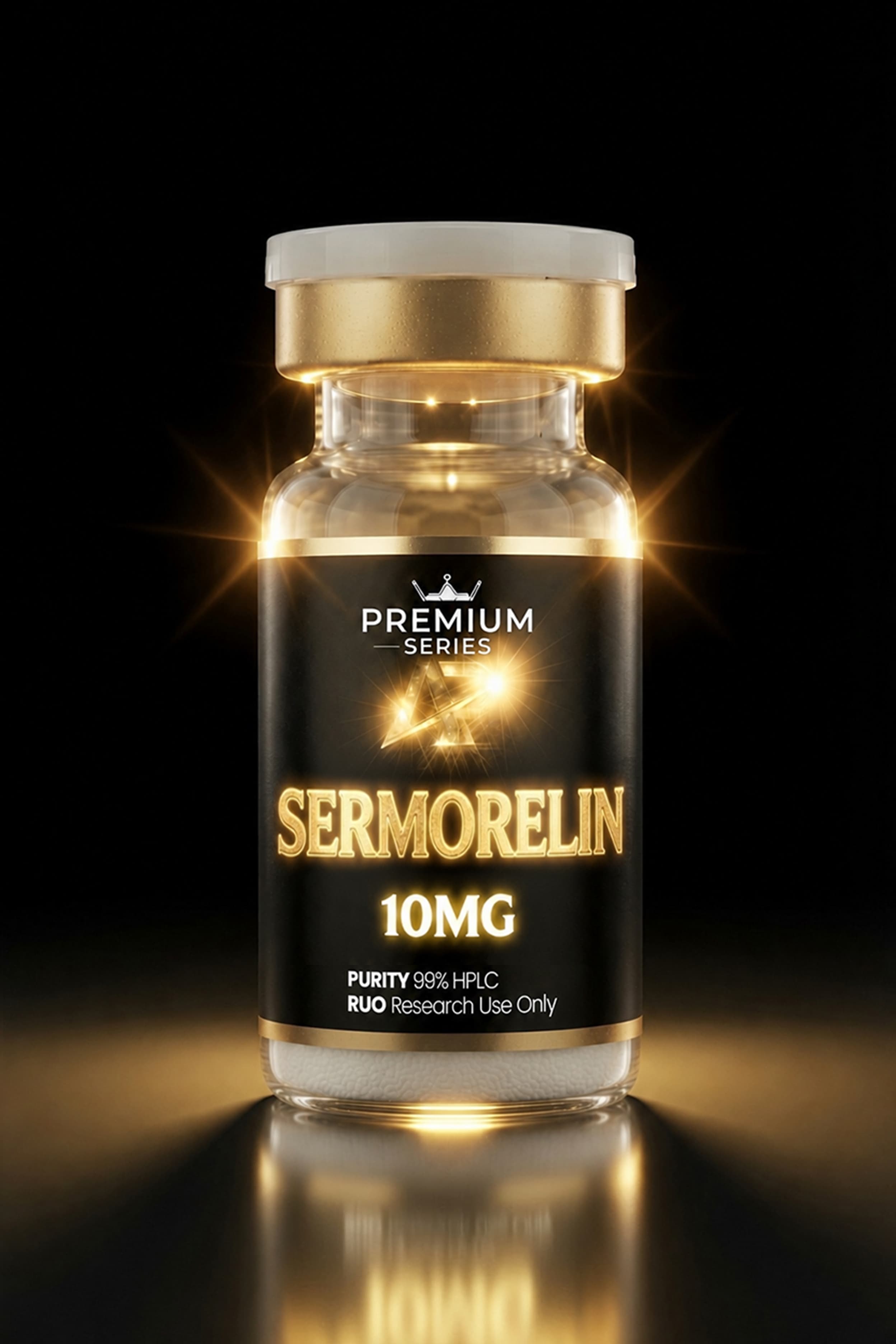 Premium Series sermorelin bottle with a gold cap and glowing highlights, labeled 10MG (informational product image).