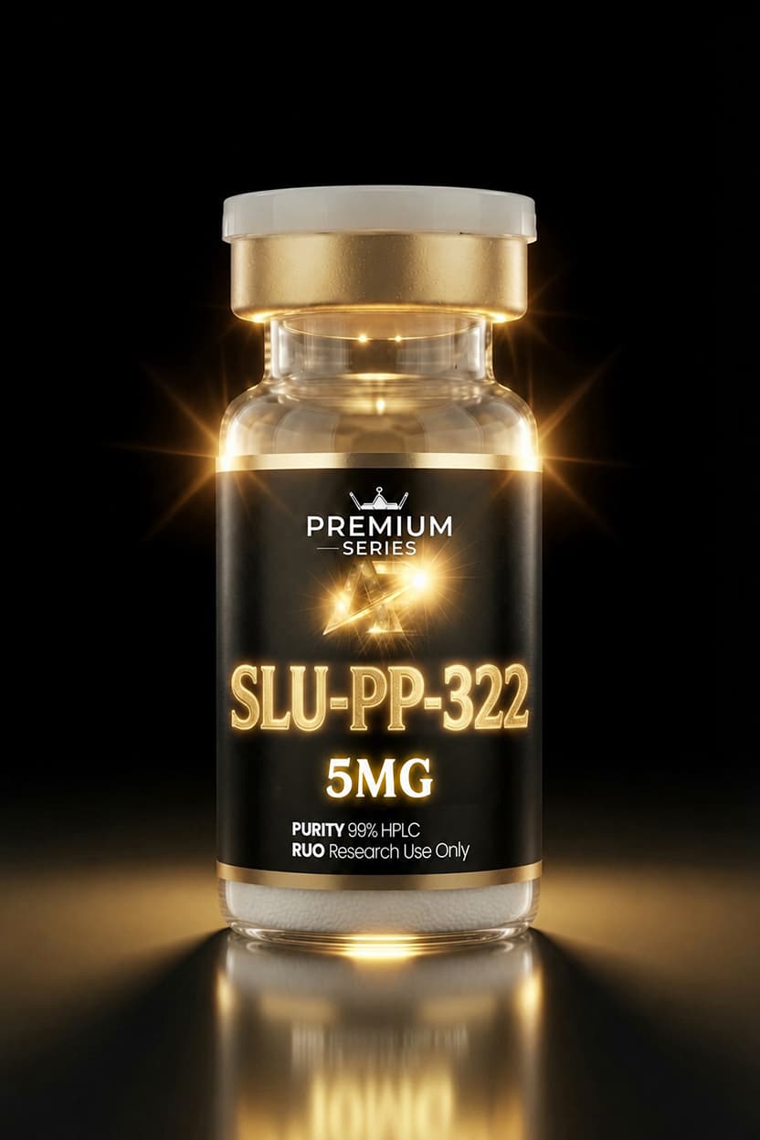 Gold-capped glass vial labeled SLU-PP-322 5MG with 'Purity 99% HPLC' and 'Research Use Only' on a black label, glowing gold accents.