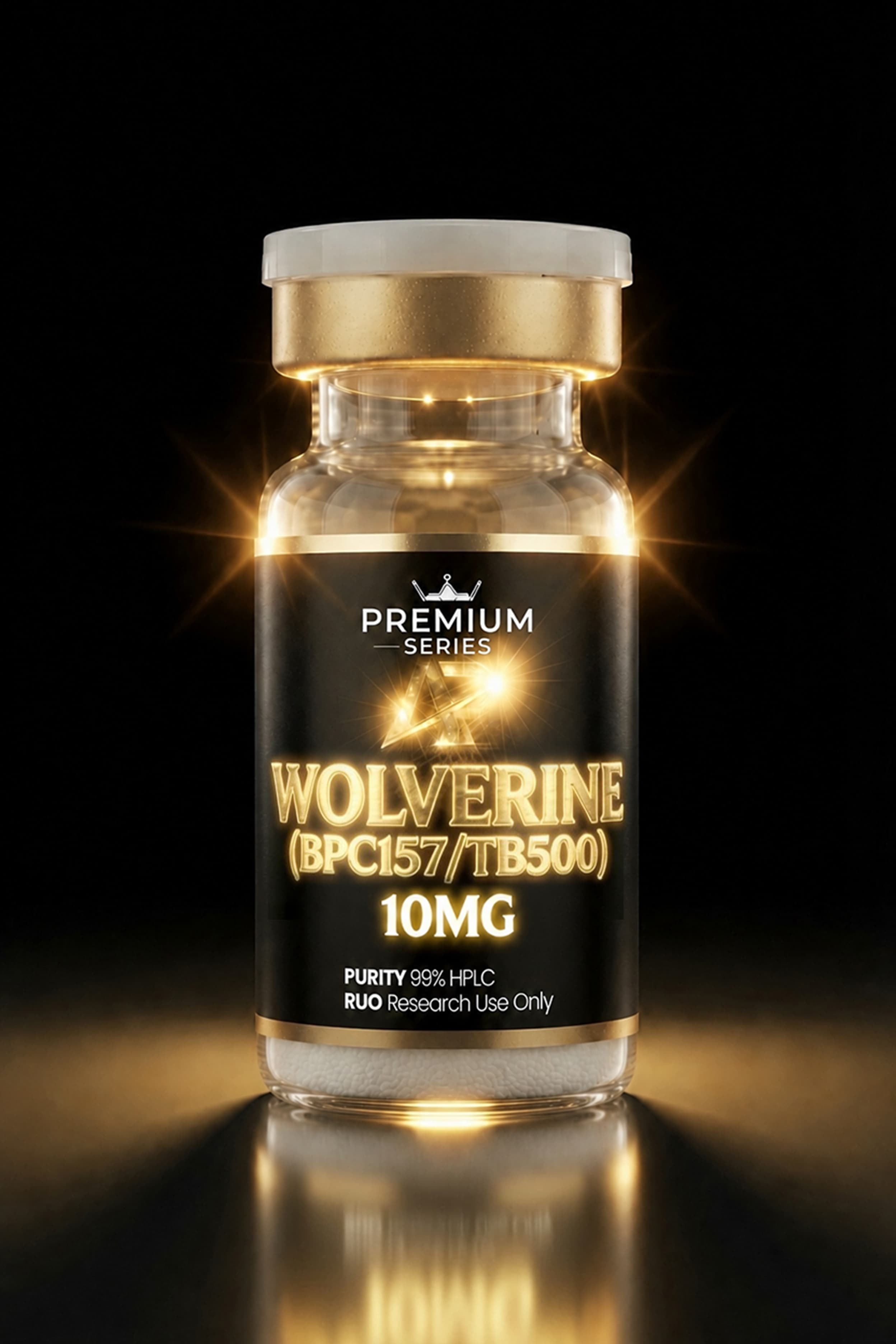 Close-up of a dark bottle labeled 'Wolverine (BPC157/TB500) 10MG' with a gold cap and glowing accents against a black background.