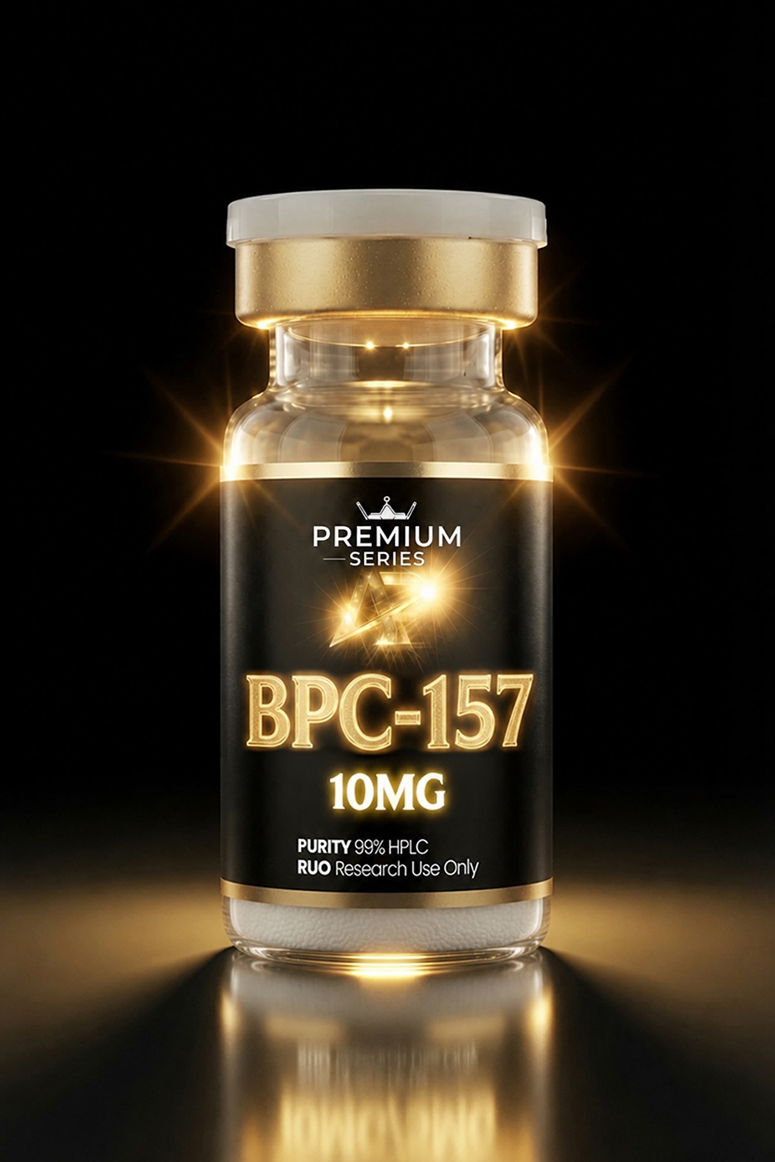 Bottle labeled BPC-157 10MG from Premium Series, emitting a golden glow against a black background.