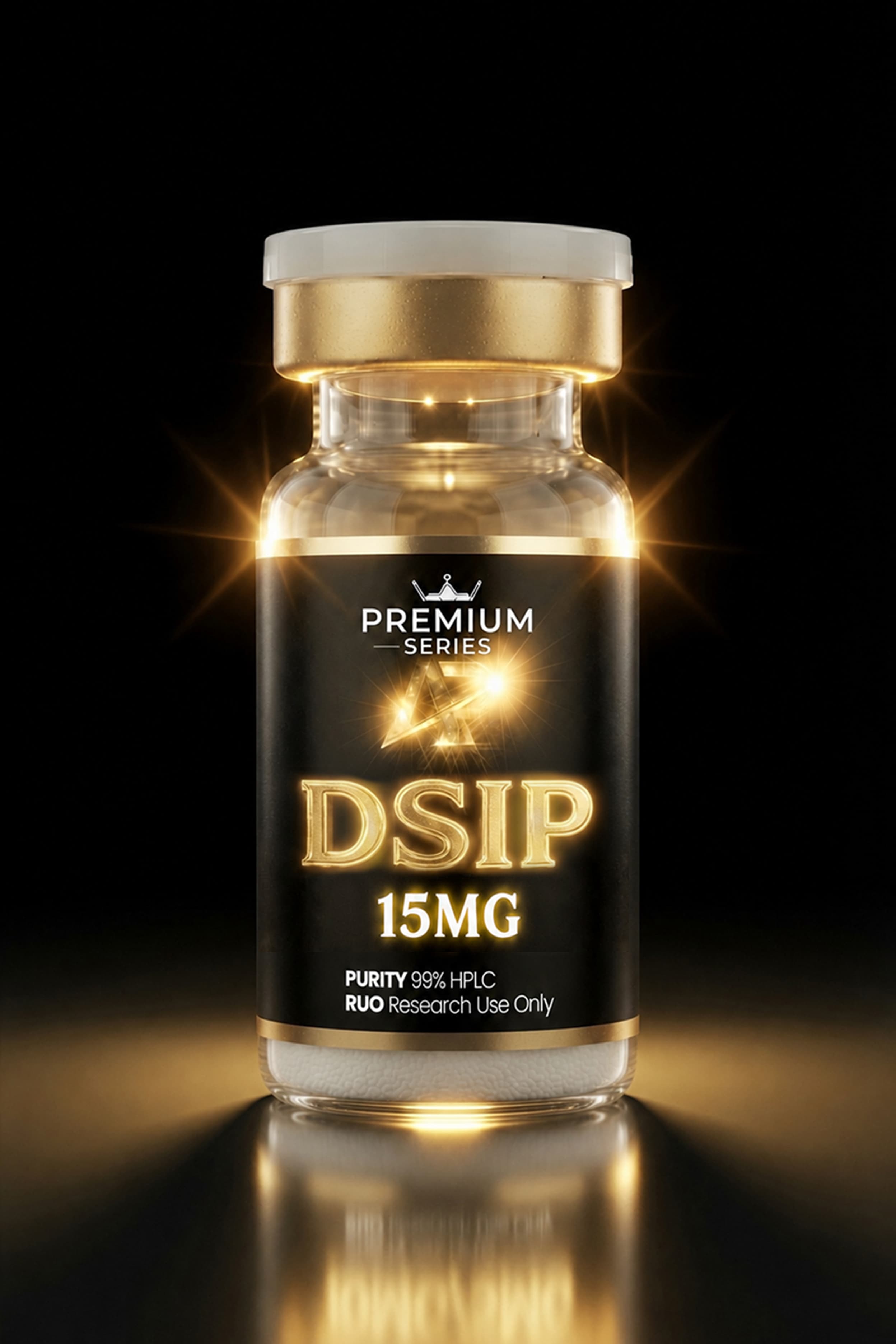 Bottle of Premium Series DSIP 15MG with a gold cap, glowing label and sparkly light effects on a dark background.