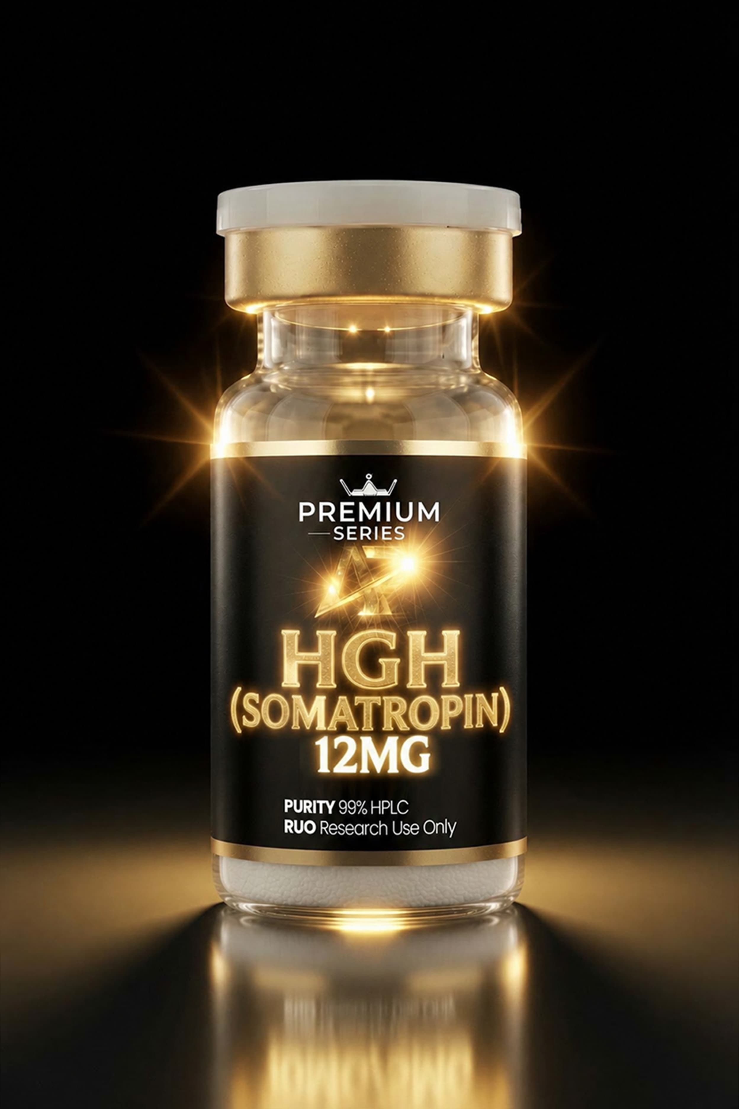 Close-up of a glass bottle with a glowing gold label reading HGH (Somatropin) 12MG against a dark background, white cap.