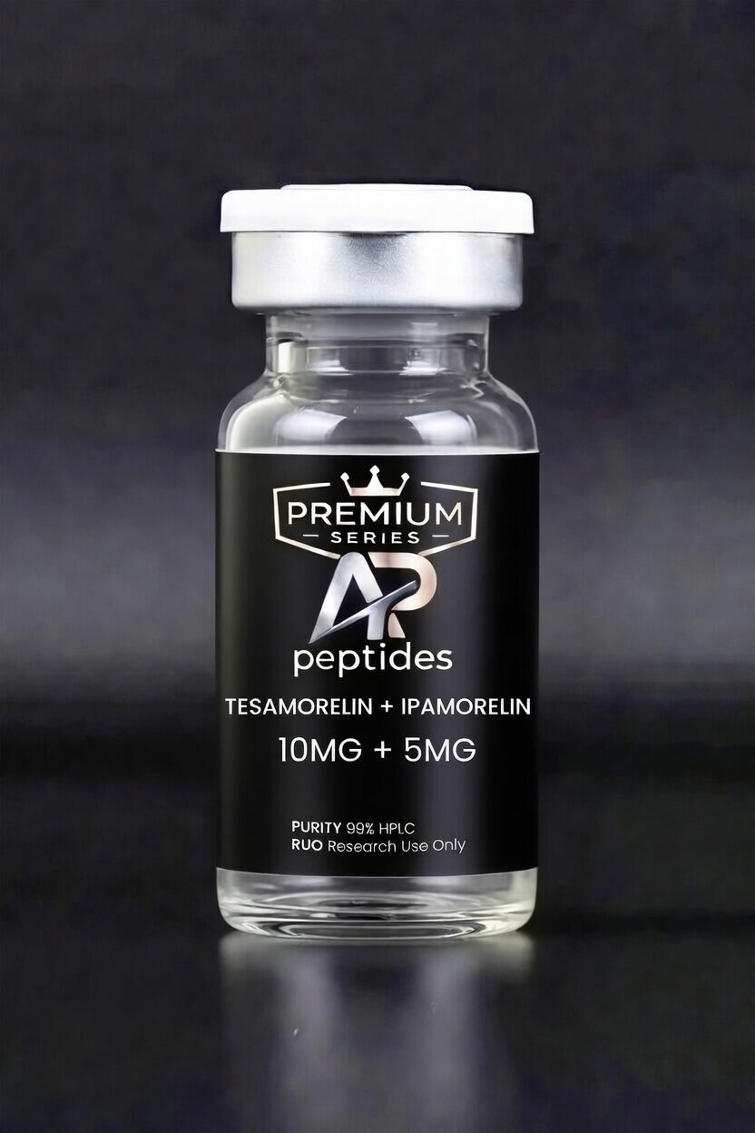 Vial labeled Premium Series peptides with Tesamorelin plus Ipamorelin, 10 mg and 5 mg on a black label.