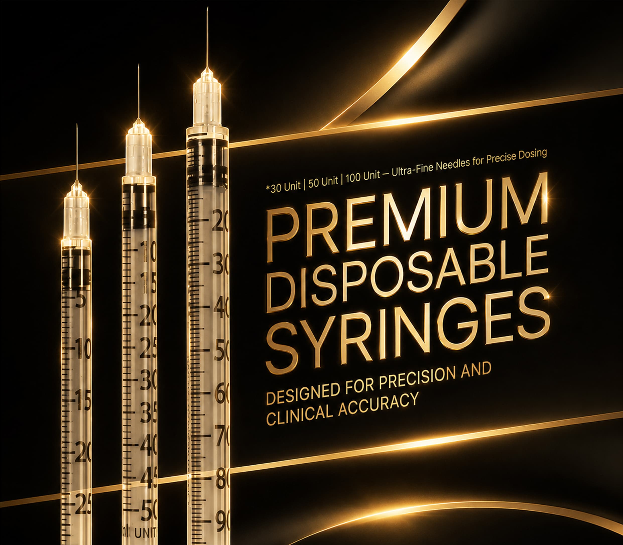 Sterile syringes illuminated in gold against a black background with bold text about premium disposable syringes behind them.