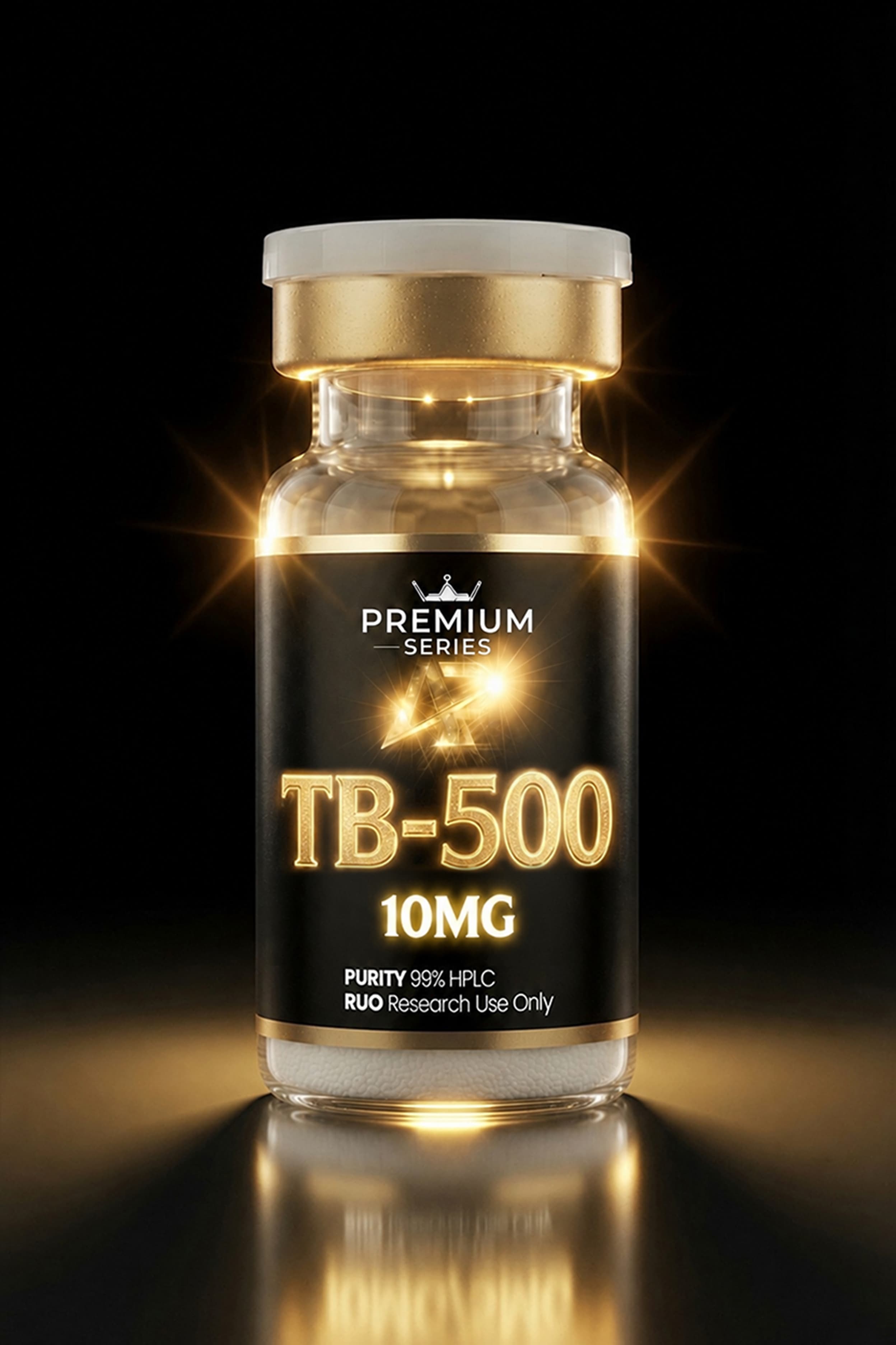 Close-up of a glass vial with a gold cap, labeled TB-500 10MG from the Premium Series, glowing against a dark background.