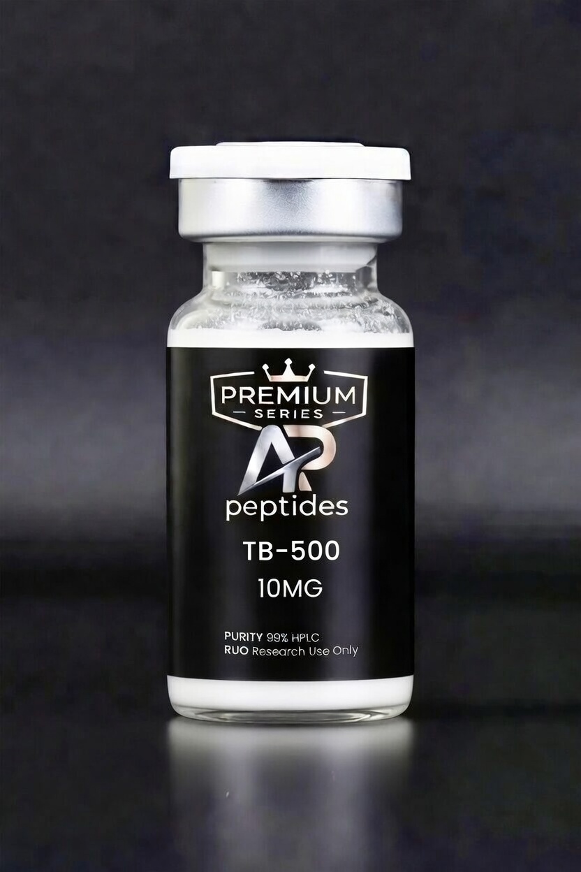 Vial labeled TB-500 10MG peptides from Premium Series, for RUO/research use only, on a dark background.